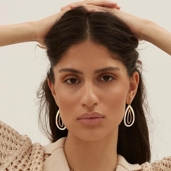 Gold and Silver Two Toned hammered teardrop Dangle Trendy Earrings for Women - Picture 2 of 6